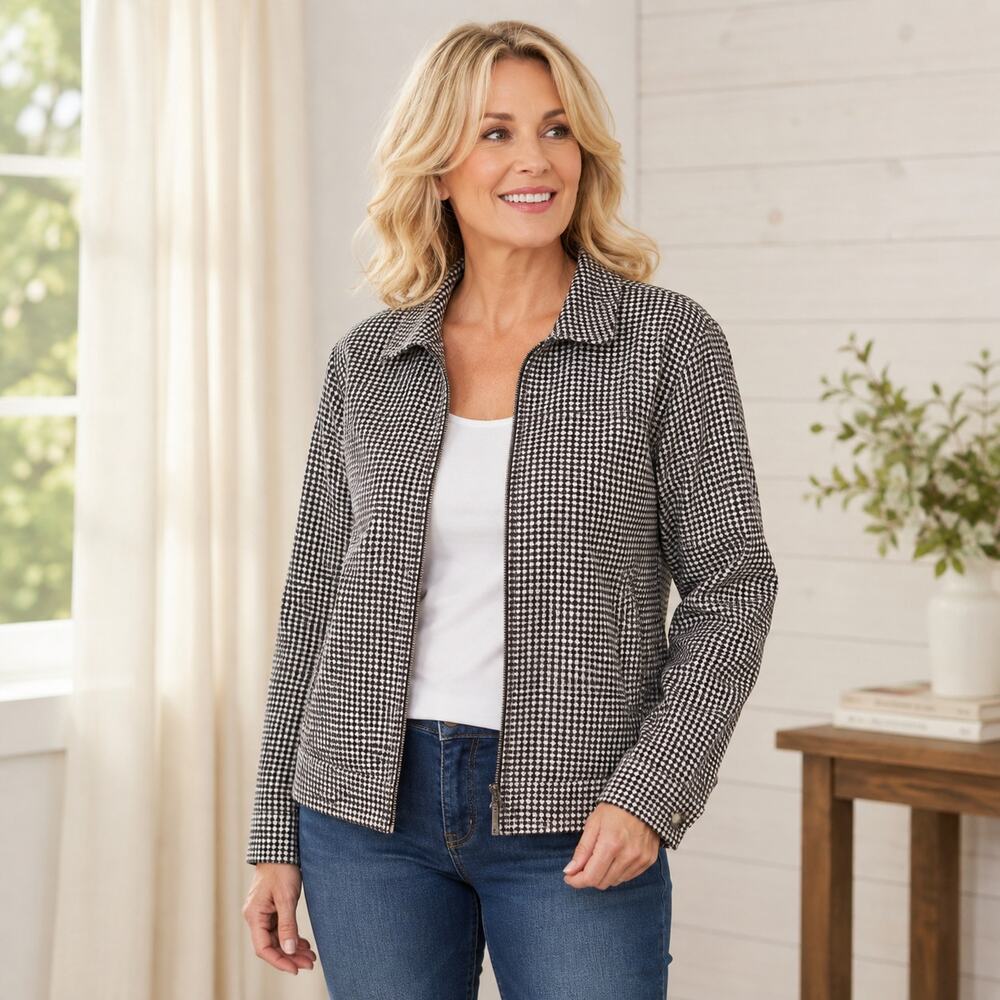 Chico's Jacket Black White Gingham Check Stretch Pockets Structured Size 2 Large